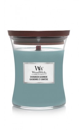 Woodwick Evergreen Cashmere közepes illatgyertya